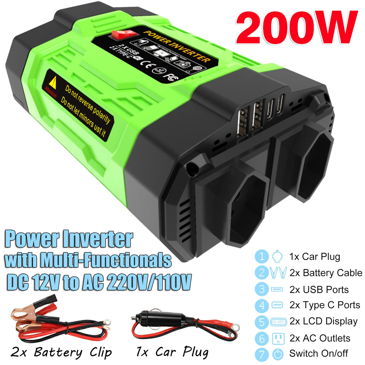 12V Car Power Inverter 200W/300W/500W DC To AC 110V/220V Converter with Dual Outlets USB Type-C LCD for Camping Travel