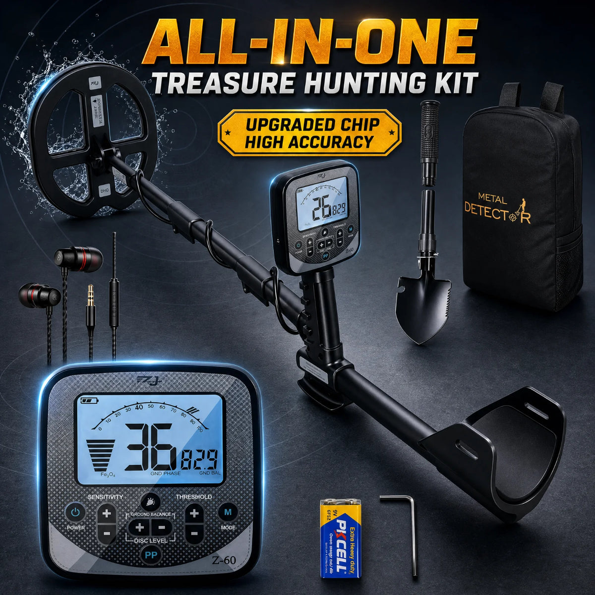 Z60 Metal Detector for Adults 14" Detection Depth Metal Detector Kit High Frequency 19.23kHz Gold Detector,With Ground Balance,High Accuracy Double-D Waterproof Coil for Beach,Advanced Pro Chip Gold Detector with LCD, IP68 Wa