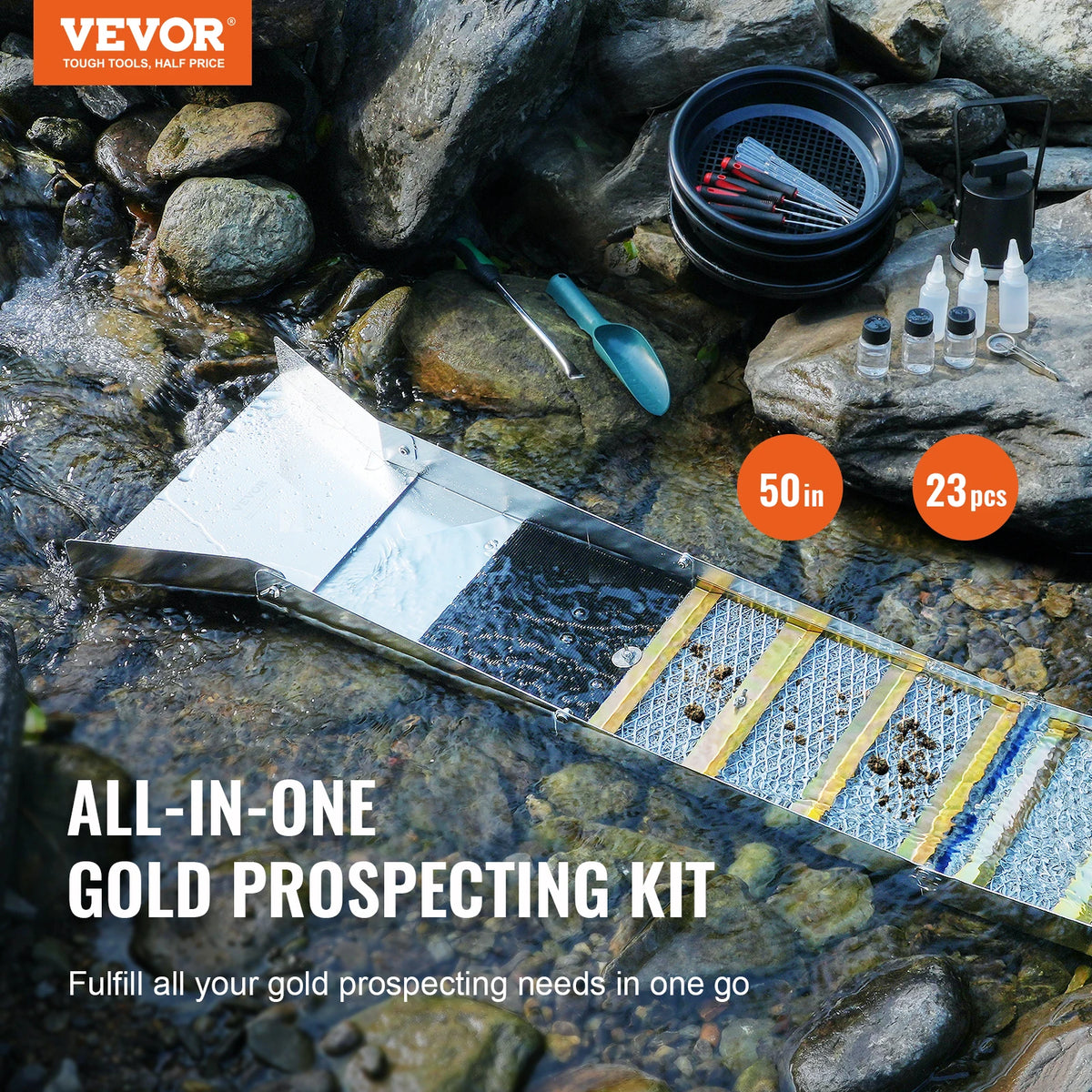 SucceBuy 50" 12" Complete Sluice Box Gold Panning Kit Aluminum Alloy Gold Mining Equipment 23/16 PCS Gold Prospecting Kit