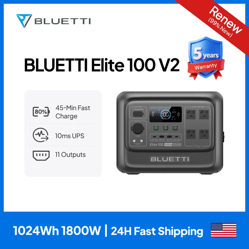 【Renew】BLUETTI Elite 100 V2 Portable Power Station 1800W 1024Wh LiFePO4 Battery Solar Generator Fast Charging UPS Backup Power For Camping RV Road Trip Home Emergency Off Grid Outdoor Use Low Noise Multiple Output Ports L