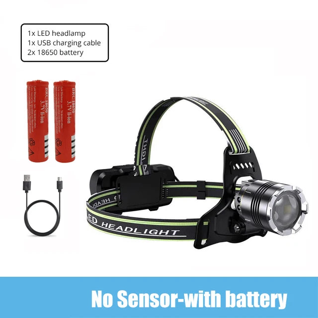 E2 White+UV Light Headlamp Motion Sensor LED Dual Light USB Rechargeable Outdoor Headlight Camping torch Lantern Waterproof Zoom