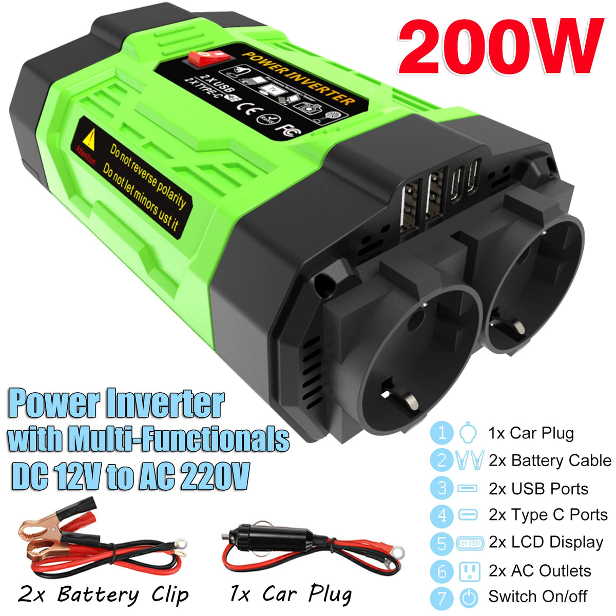 12V Car Power Inverter 200W/300W/500W DC To AC 110V/220V Converter with Dual Outlets USB Type-C LCD for Camping Travel
