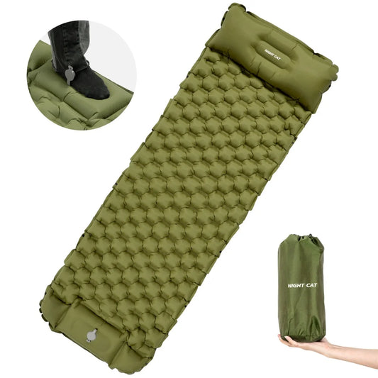 Night Cat Inflatable Sleeping Pads Mat Bed with Pillow Foot Pump for Camping Backpacking Hiking Ultra-Light Compact Comfortable Extendable