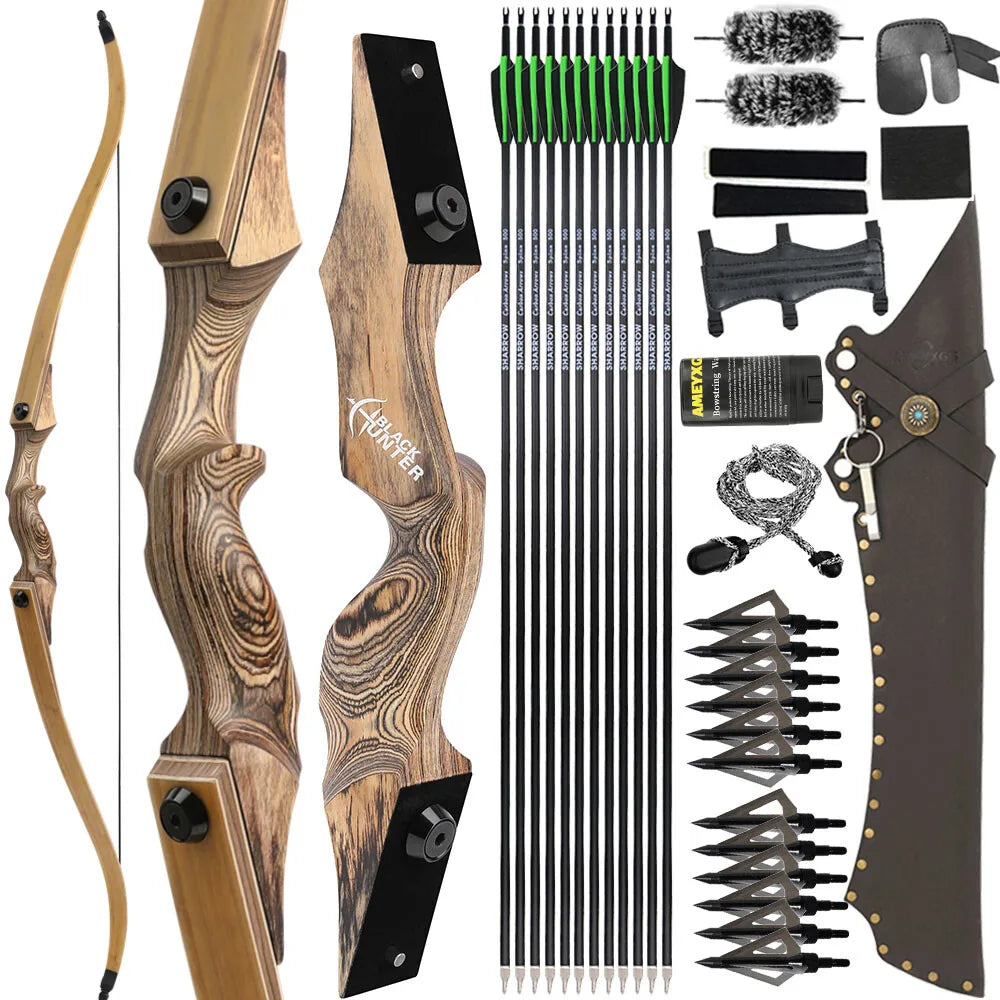 60" Takedown Hunting Recurve Bow Set30/45/60lbs Wooden Frame Stable Bamboo Core Limbs All-in-One Arrow Kit Right Hand Adult Archery Gear for Recreational Shooting Competition Training & Outdoor Small Game Hunting