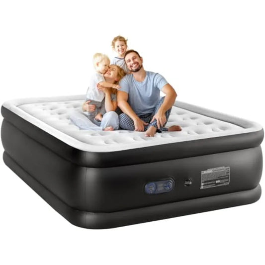 Queen inflatable air mattress for home or camping use, PVC material, gray color, 18-inch double height