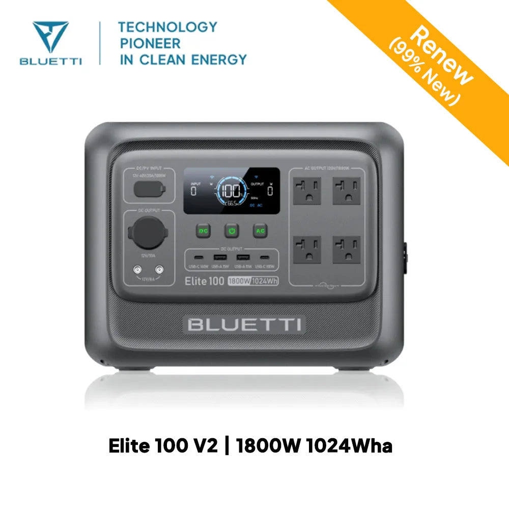 【Renew】BLUETTI Elite 100 V2 Portable Power Station 1800W 1024Wh LiFePO4 Battery Solar Generator Fast Charging UPS Backup Power For Camping RV Road Trip Home Emergency Off Grid Outdoor Use Low Noise Multiple Output Ports L