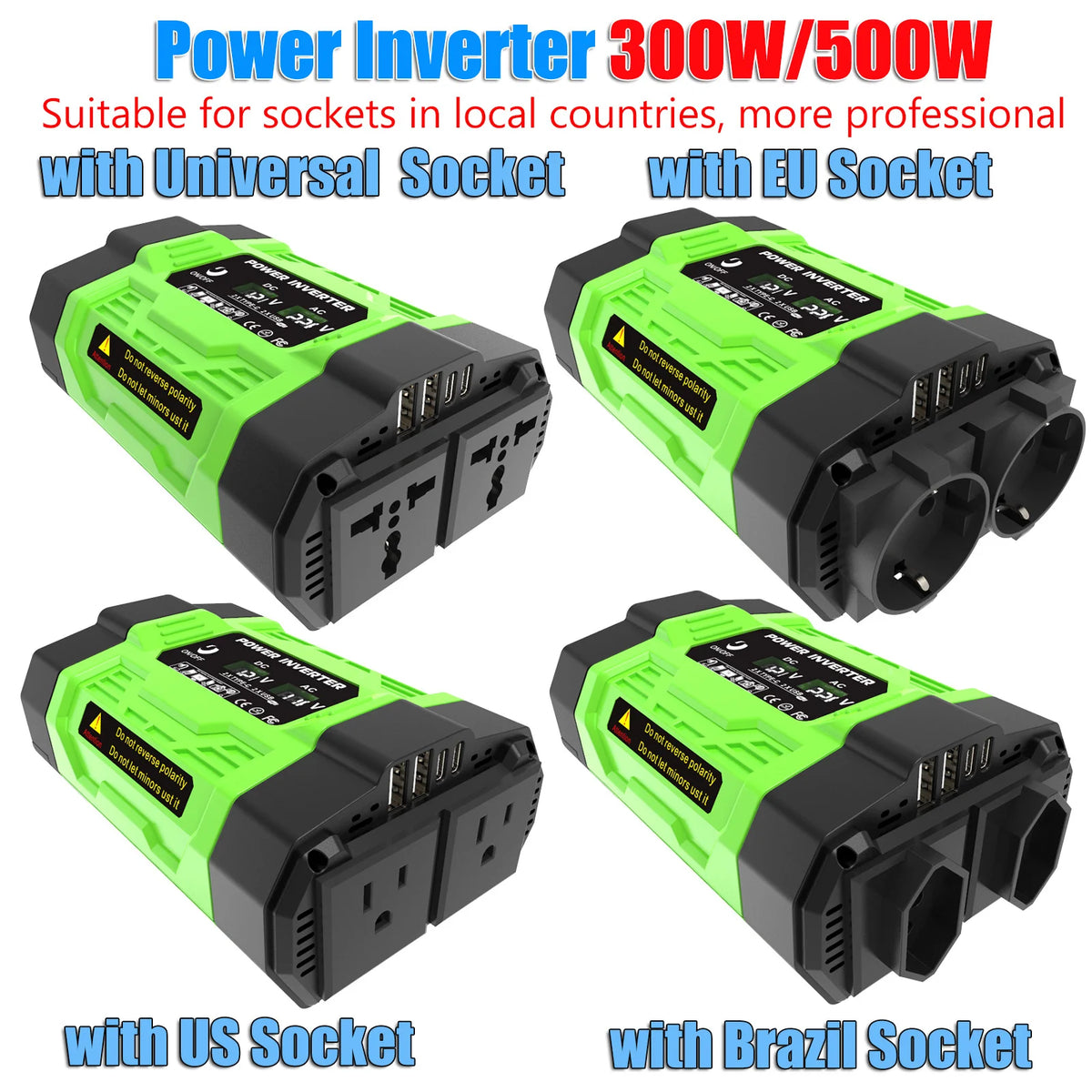 12V Car Power Inverter 200W/300W/500W DC To AC 110V/220V Converter with Dual Outlets USB Type-C LCD for Camping Travel