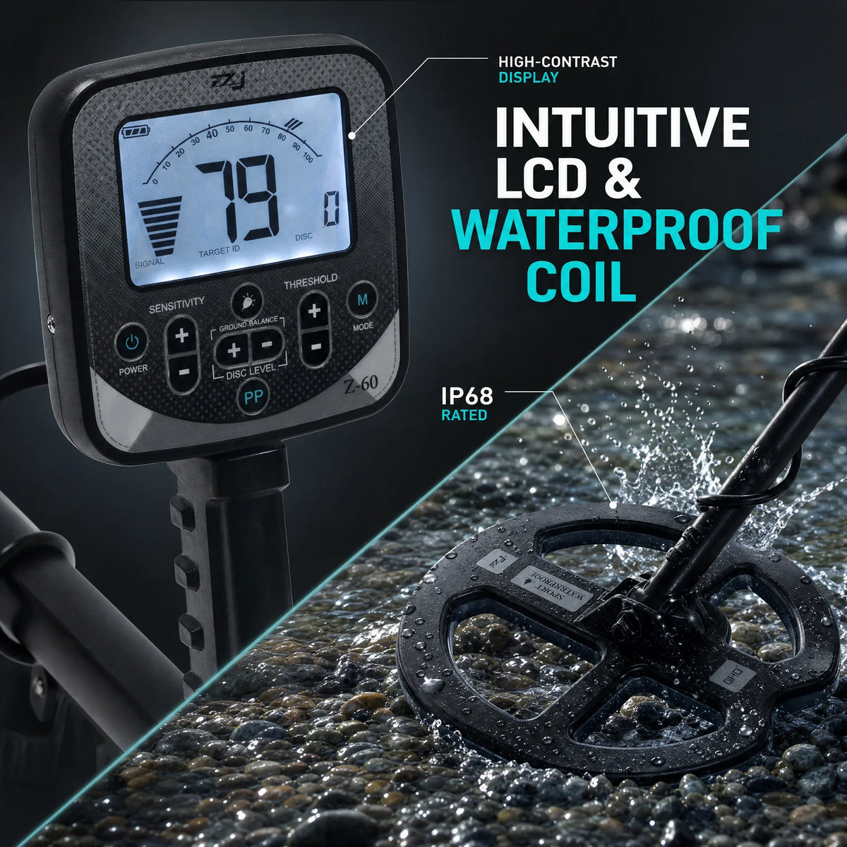 Z60 Metal Detector for Adults 14" Detection Depth Metal Detector Kit High Frequency 19.23kHz Gold Detector,With Ground Balance,High Accuracy Double-D Waterproof Coil for Beach,Advanced Pro Chip Gold Detector with LCD, IP68 Wa