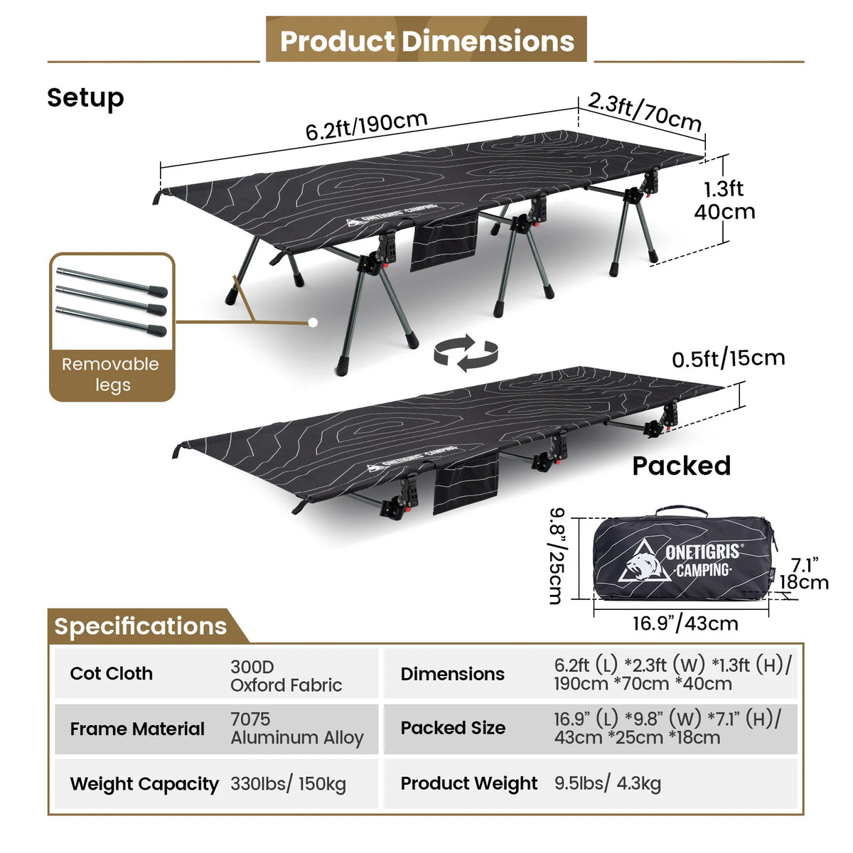 OneTigris Supranubis Camping Cot Ultralight Aluminum Alloy Folding Bed for Hiking Backpacking Travel Car Trips Sleeping Cot