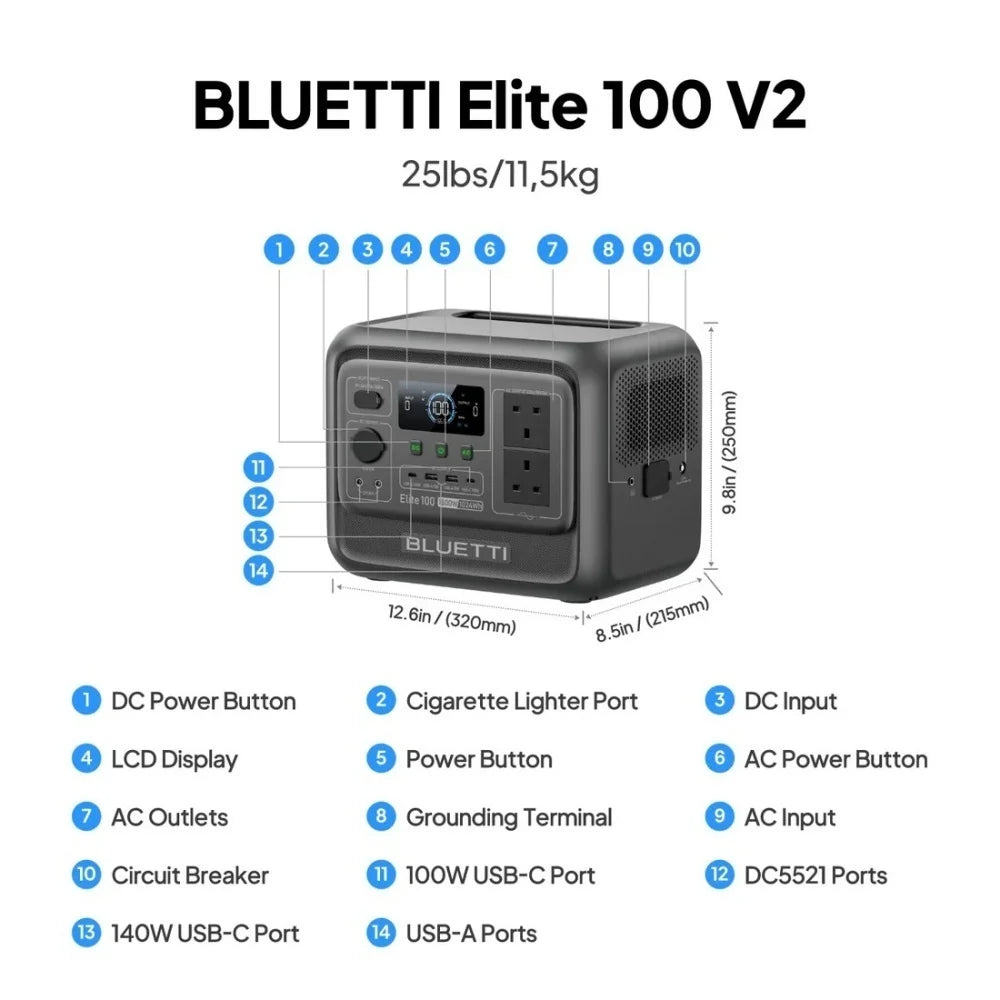 【Renew】BLUETTI Elite 100 V2 Portable Power Station 1800W 1024Wh LiFePO4 Battery Solar Generator Fast Charging UPS Backup Power For Camping RV Road Trip Home Emergency Off Grid Outdoor Use Low Noise Multiple Output Ports L