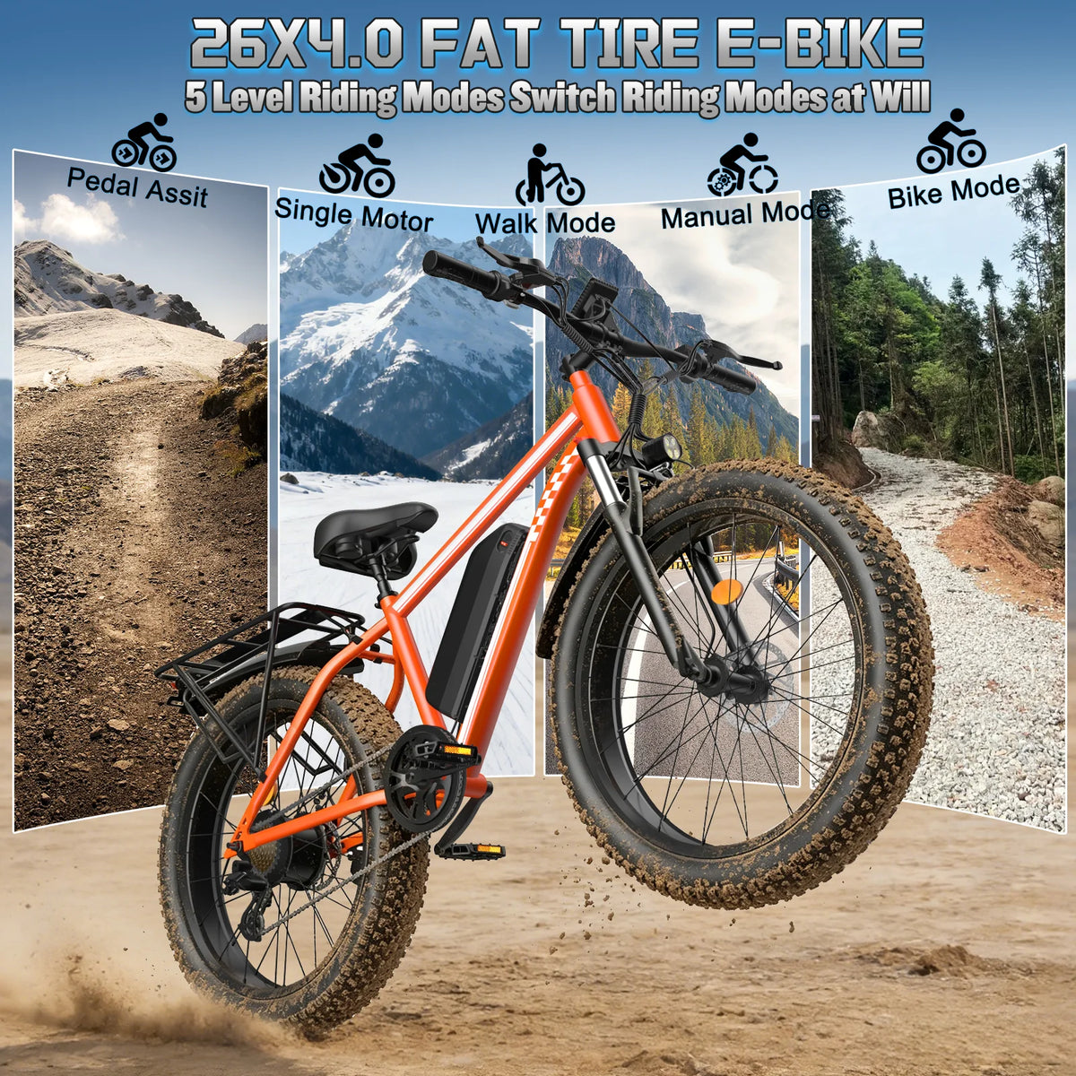 OBX Electric Bike 26" Fat Tires Electric Mountain Bike 1500W Peak Motor 48V 15Ah 28 MPH 55Mi Range Off-Road Ebike with Front Suspension