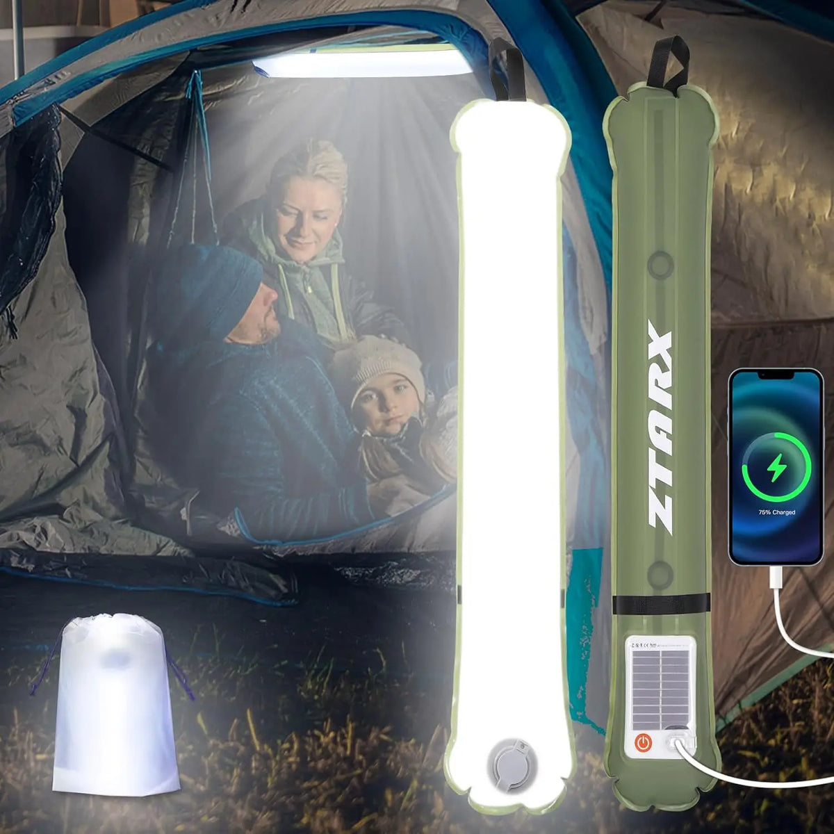 Ztarx Solar LED Tube Light Built-in Battery Inflatable IP66 Waterproof Folding Magnetic Fill Light for Car Camping USB Charging